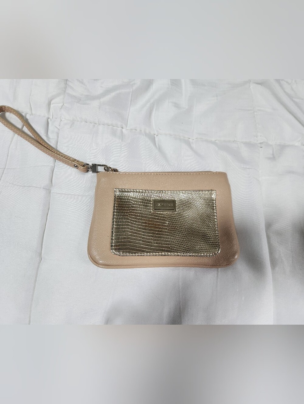 Express Neutral Beige Wristlet Clutch with Metallic Gold Accent Great Condition